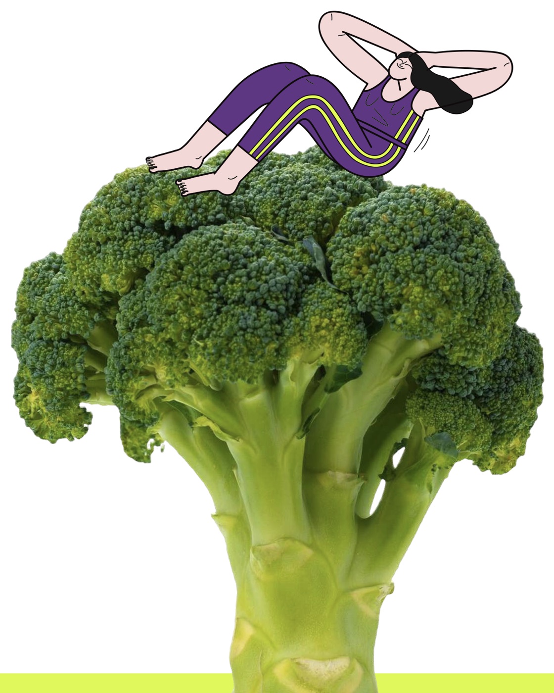 Personagem deitada sobre um brócolis