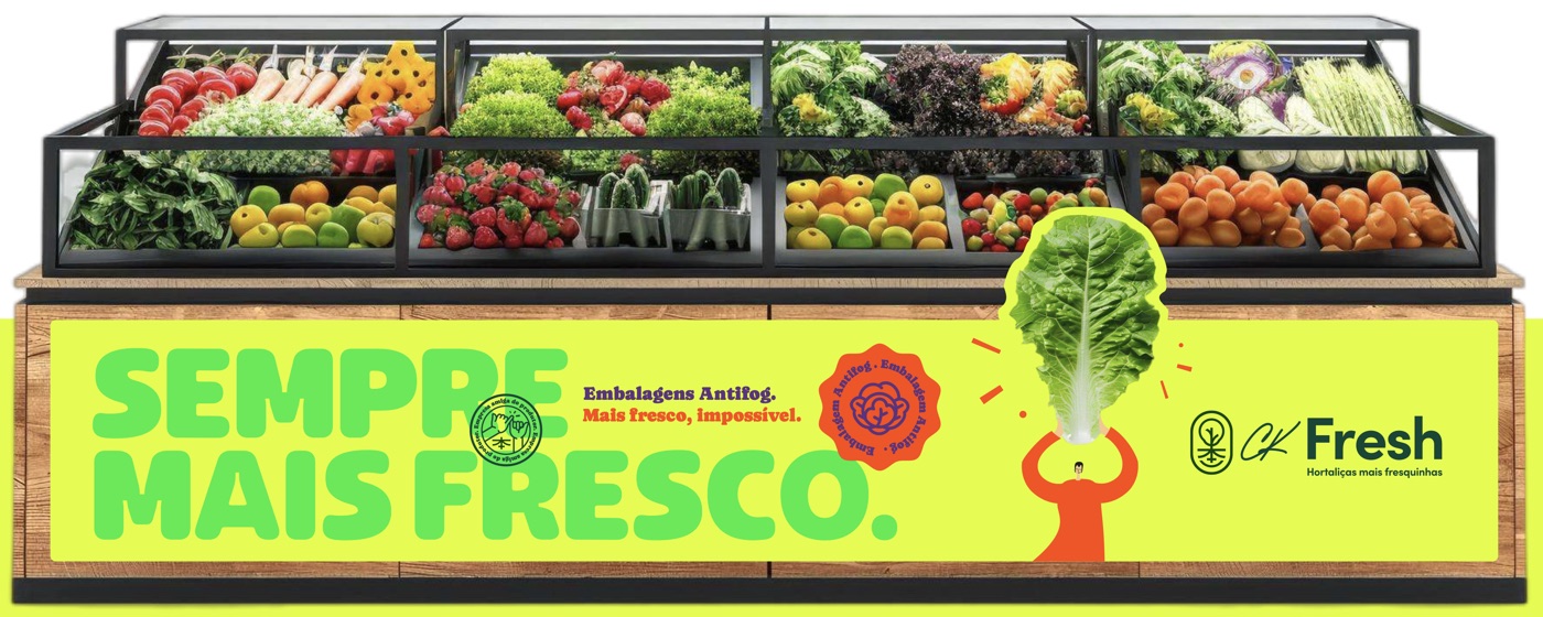 Gôndola de hortifruti com faixa CK Fresh: Sempre mais fresco